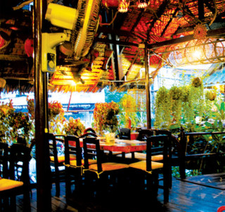 Tables in the green on one of the many floors