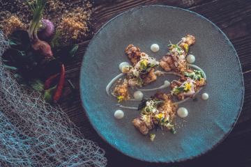 Pla Goong Mapraow Krut - Chargrilled and smoked mantis prawn, fresh grated coconut, coconut wafers