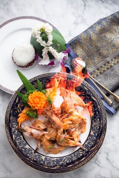 Prawns embellished with fruit carving